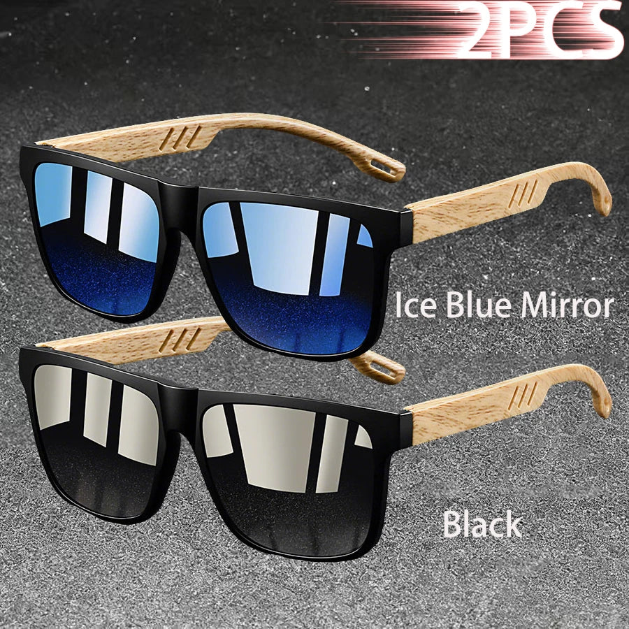 Retro Square Mirror Sunglasses – UV400 Unisex Wood Accent Shades