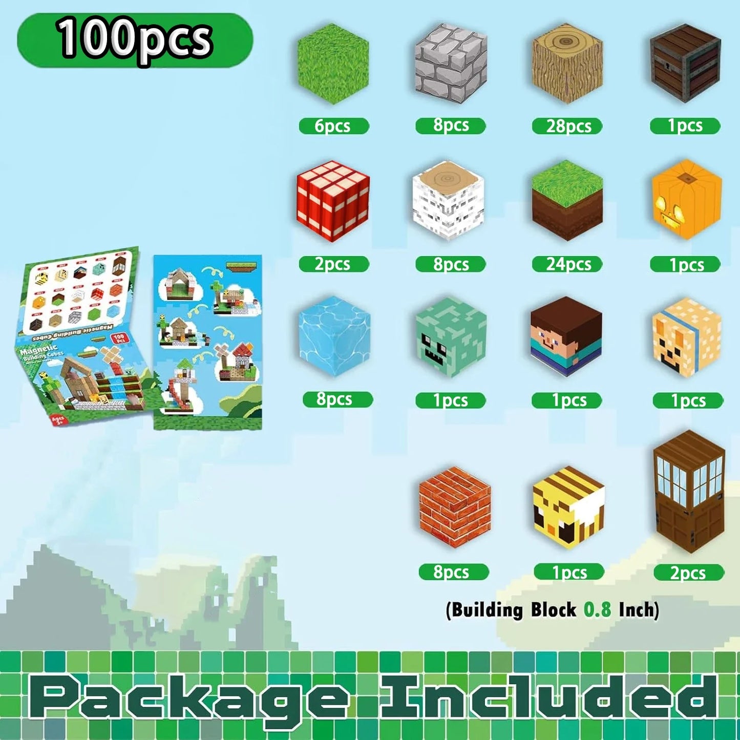Magnetic Building Blocks Mine World Forest House Brick Cube STEM Toy Set for Kids