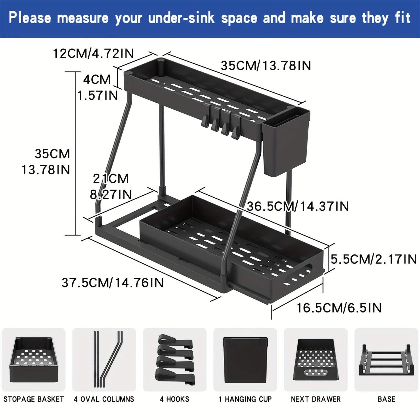 Kitchen storage rack - movable drawers, double-layer storage shelf, no drilling required, for home bathrooms