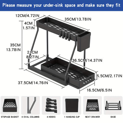 Kitchen storage rack - movable drawers, double-layer storage shelf, no drilling required, for home bathrooms