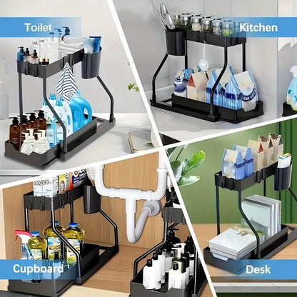 Kitchen storage rack - movable drawers, double-layer storage shelf, no drilling required, for home bathrooms