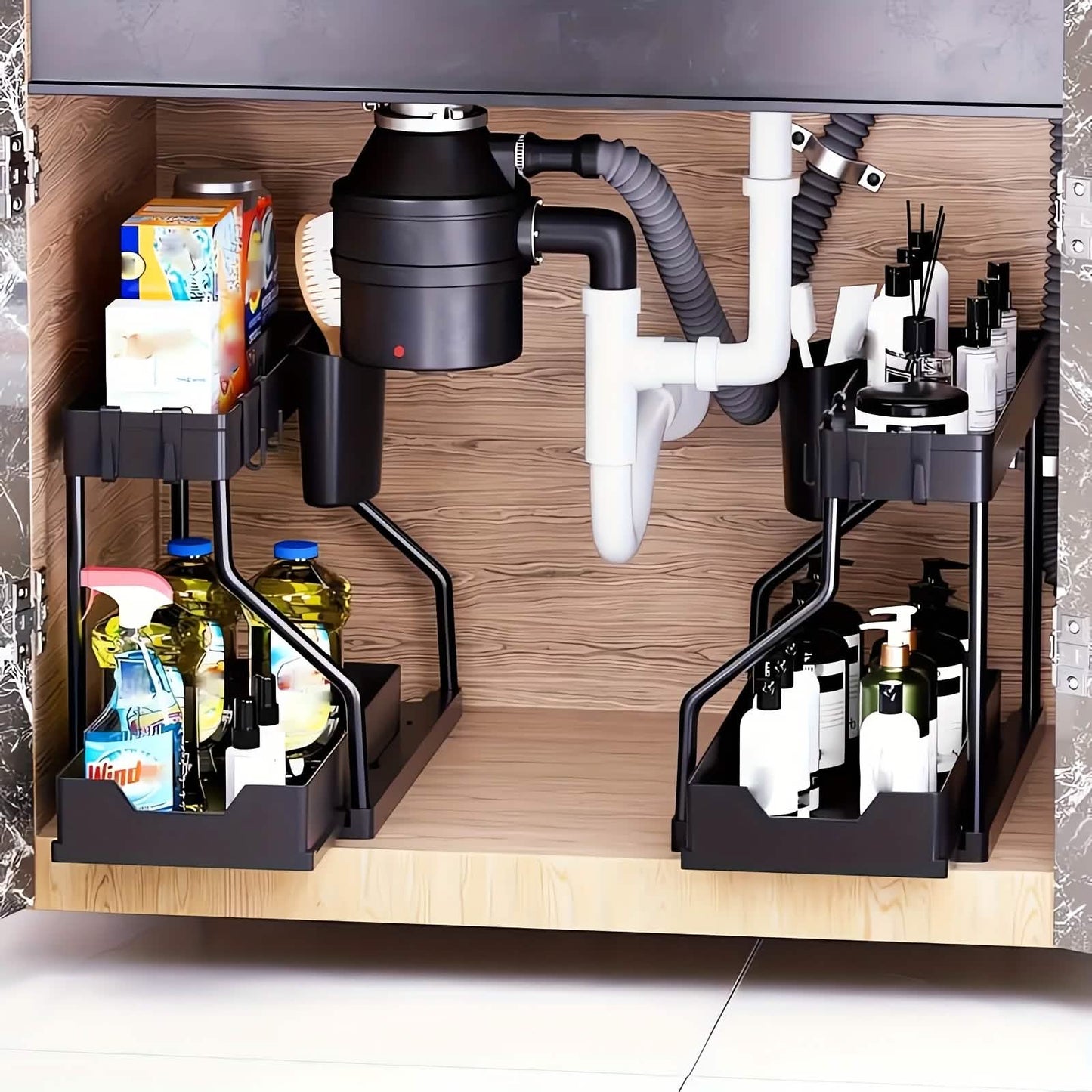 Kitchen storage rack - movable drawers, double-layer storage shelf, no drilling required, for home bathrooms