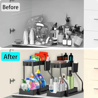 Kitchen storage rack - movable drawers, double-layer storage shelf, no drilling required, for home bathrooms