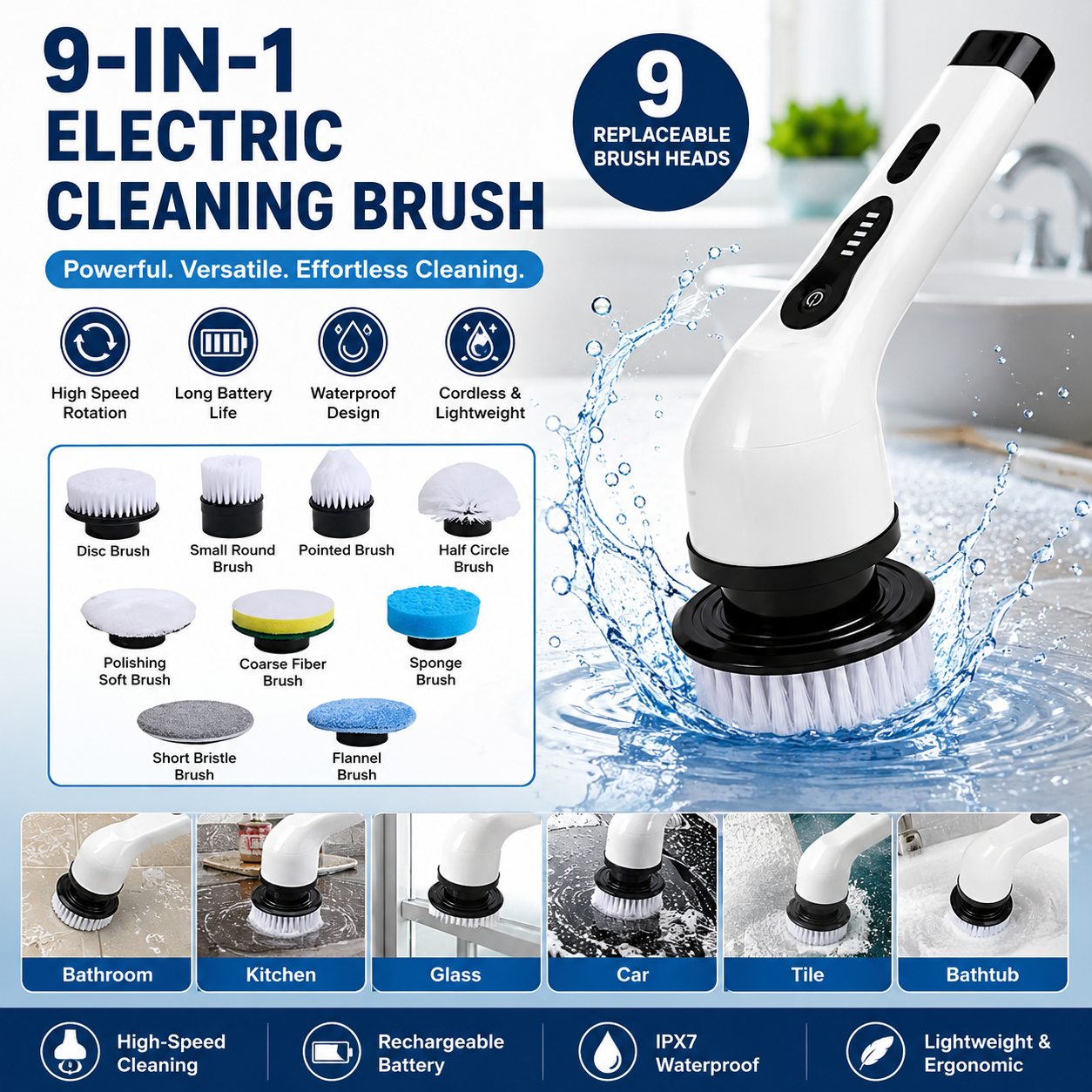 Electric Bathroom Cleaning Brush 9-in-1 Wireless Household Rotation Cleaning Brush for Bathroom Kitchen Toilet Cleaning Scrubber