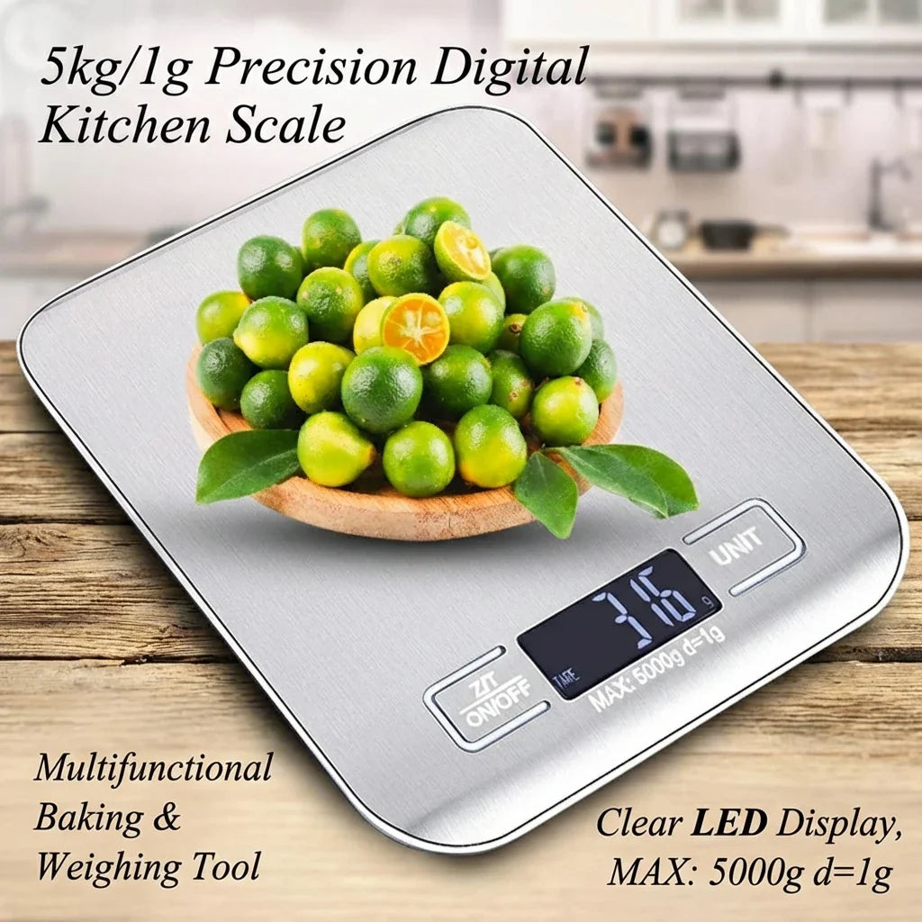 Digital Kitchen Scale — LED Display, 5kg/1g, Stainless Steel, 6 Units | Silver