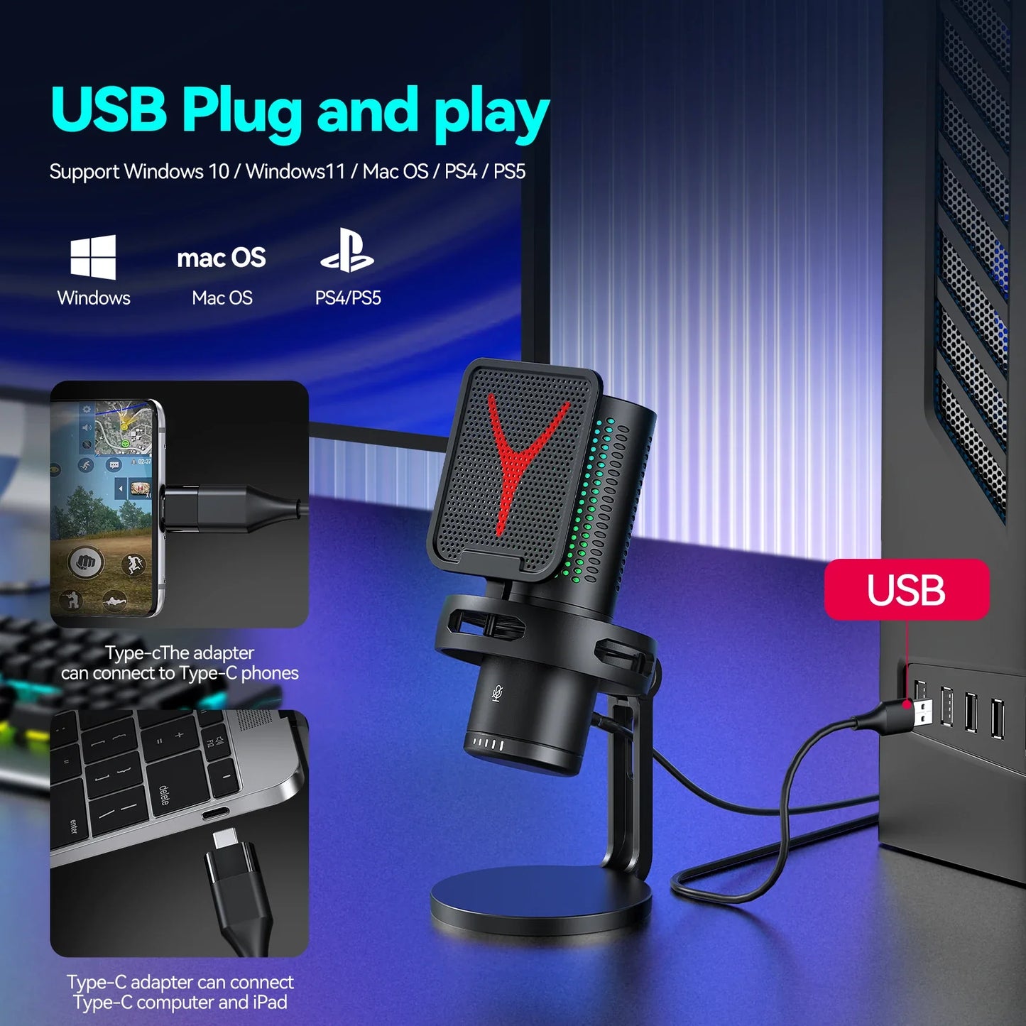 Professional USB Condenser Microphone Kit – Gaming & Podcast Mic for PC/Laptop, Wired Studio Recording Mic for Streaming, Karaoke & Voice Overs.