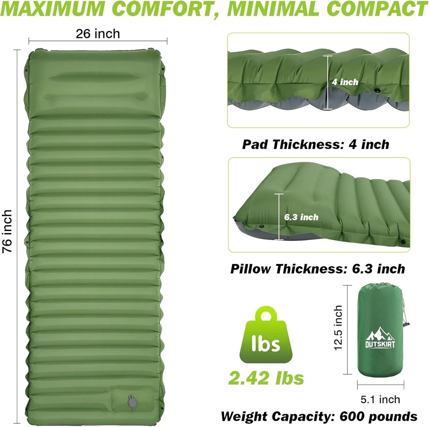 Extra Thick Camping Self-Inflating Sleeping Pad With Built-In Pump