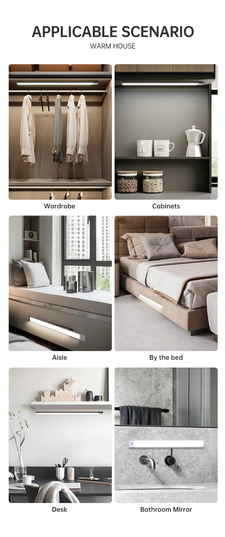LED Motion Sensor Under Cabinet Light – USB Wireless, 3-Color, Kitchen & Wardrobe Lighting