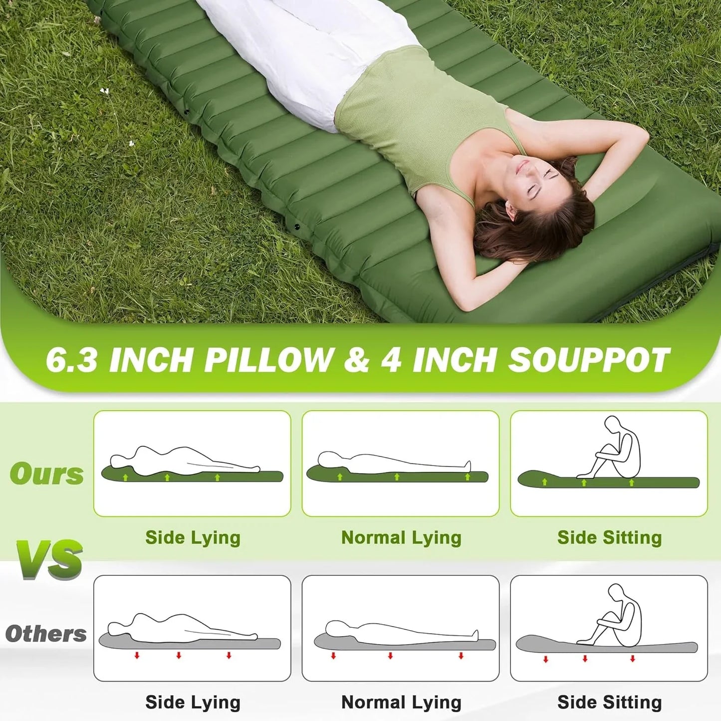 Extra Thick Camping Self-Inflating Sleeping Pad With Built-In Pump