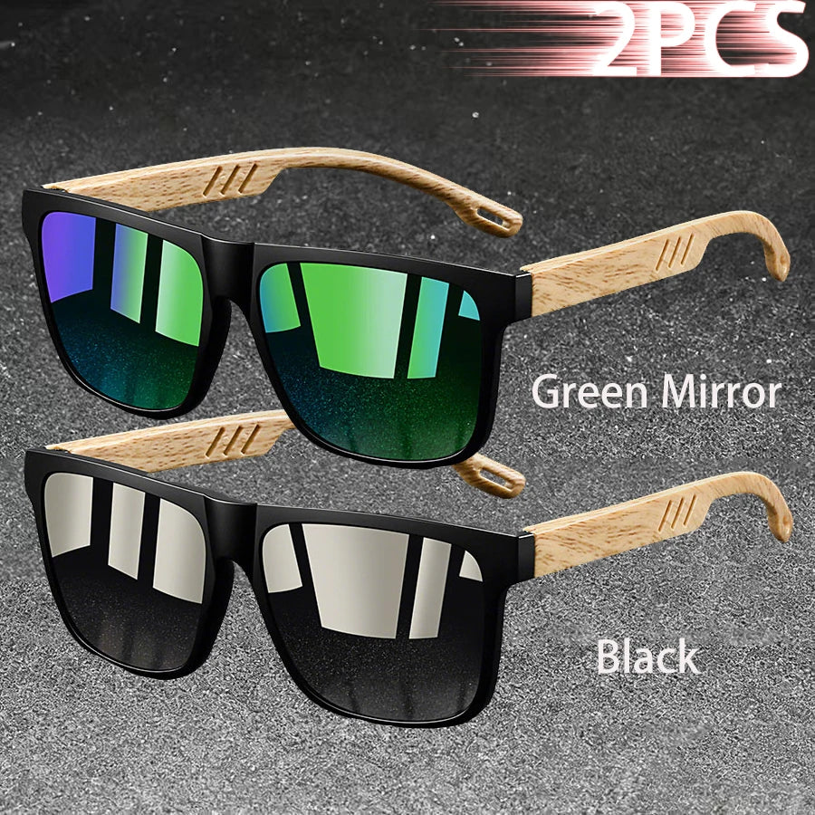 Retro Square Mirror Sunglasses – UV400 Unisex Wood Accent Shades