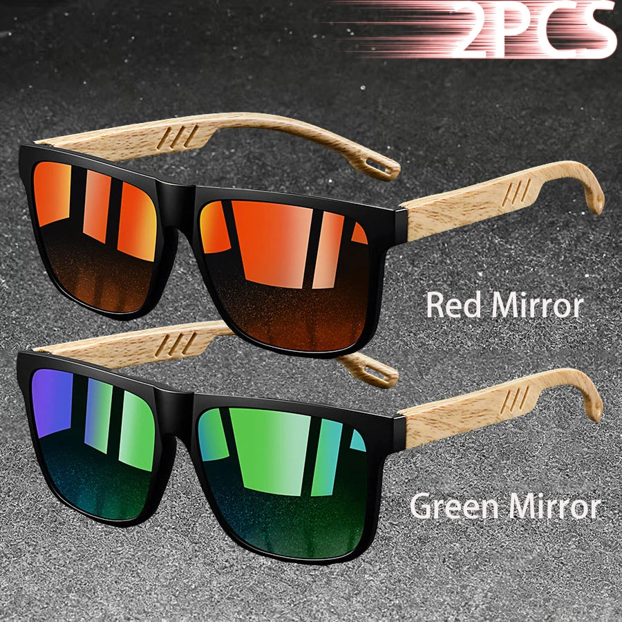 Retro Square Mirror Sunglasses – UV400 Unisex Wood Accent Shades