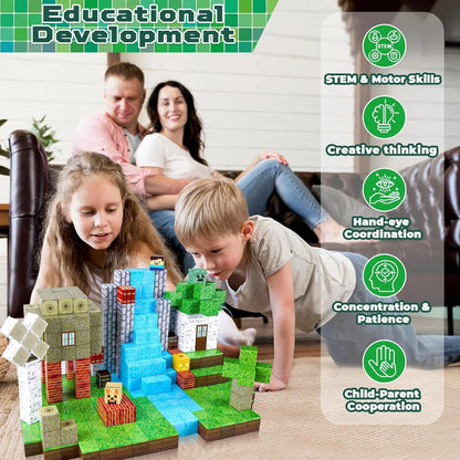 Magnetic Building Blocks Mine World Forest House Brick Cube STEM Toy Set for Kids