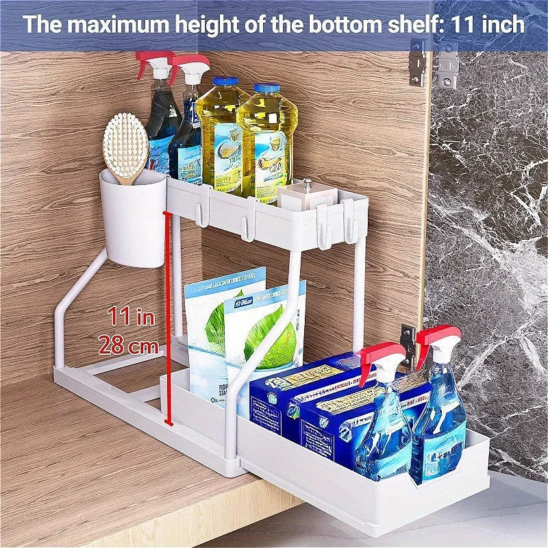 Kitchen storage rack - movable drawers, double-layer storage shelf, no drilling required, for home bathrooms