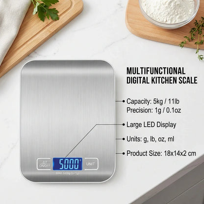 Digital Kitchen Scale — LED Display, 5kg/1g, Stainless Steel, 6 Units | Silver