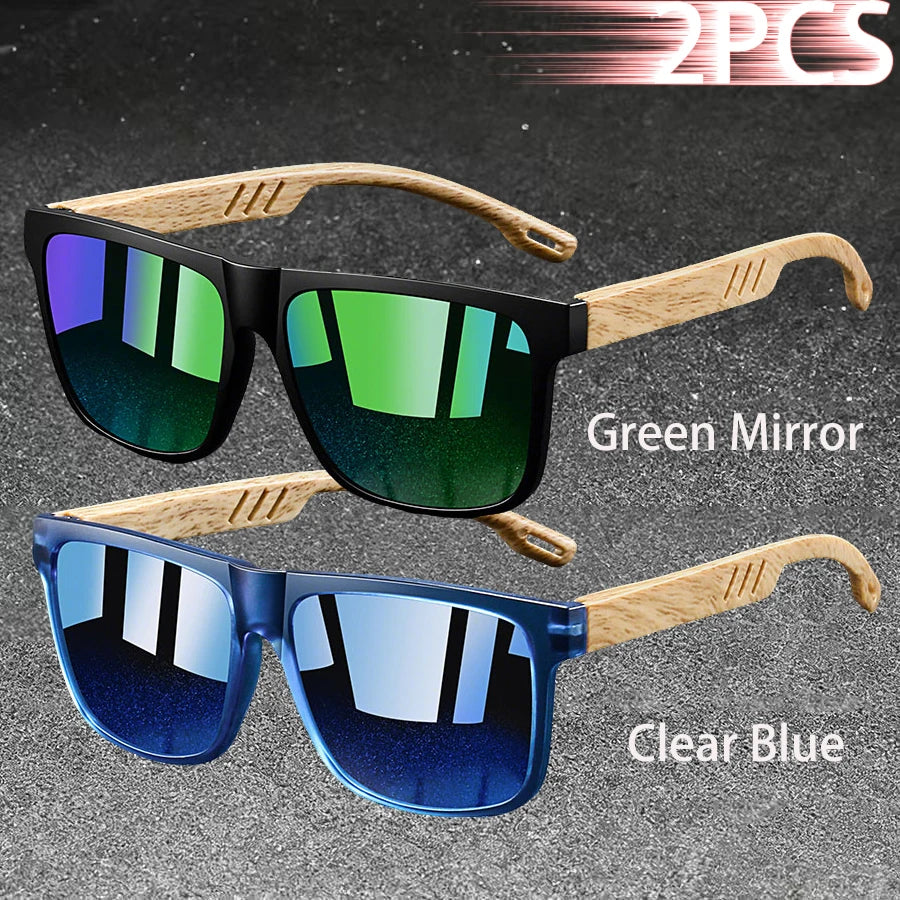 Retro Square Mirror Sunglasses – UV400 Unisex Wood Accent Shades