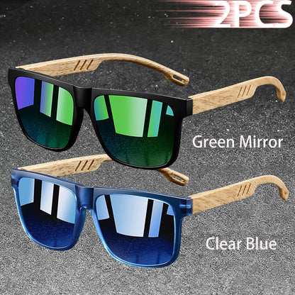 Retro Square Mirror Sunglasses – UV400 Unisex Wood Accent Shades