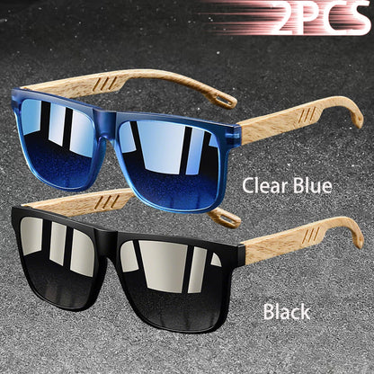 Retro Square Mirror Sunglasses – UV400 Unisex Wood Accent Shades