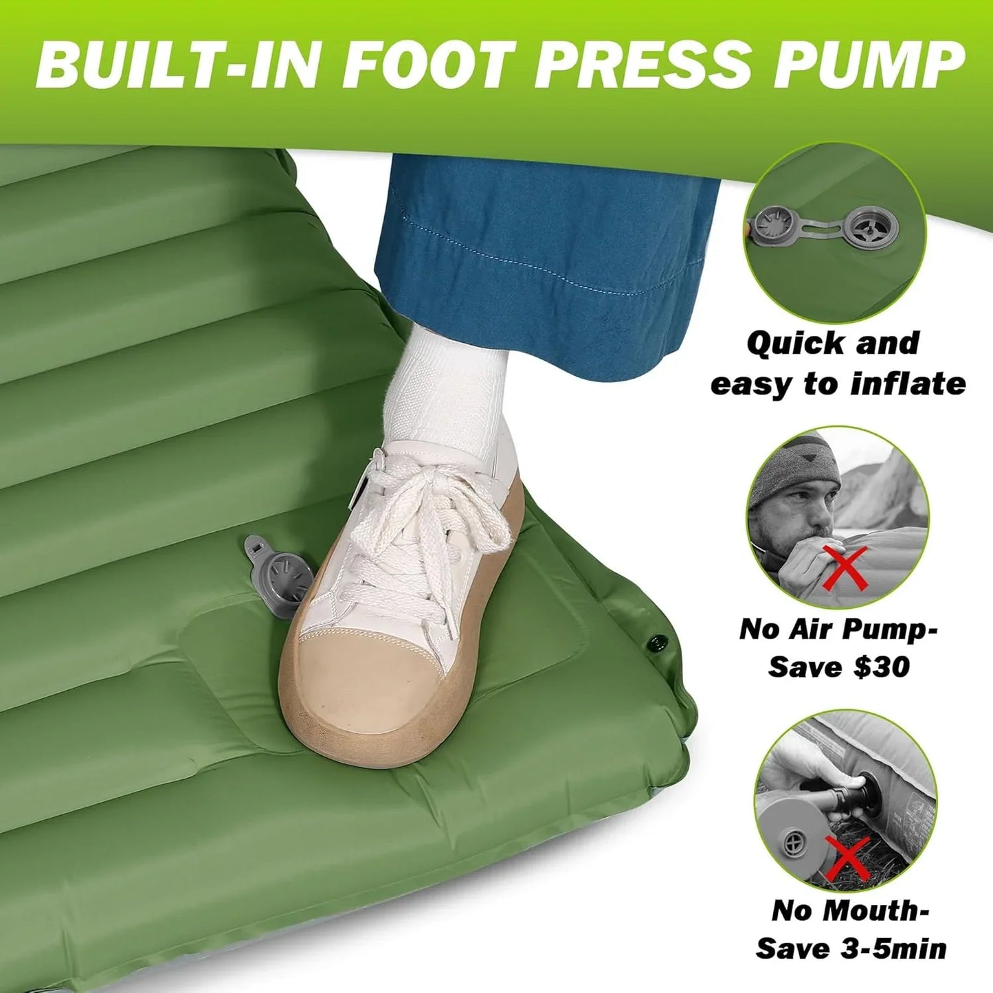 Extra Thick Camping Self-Inflating Sleeping Pad With Built-In Pump