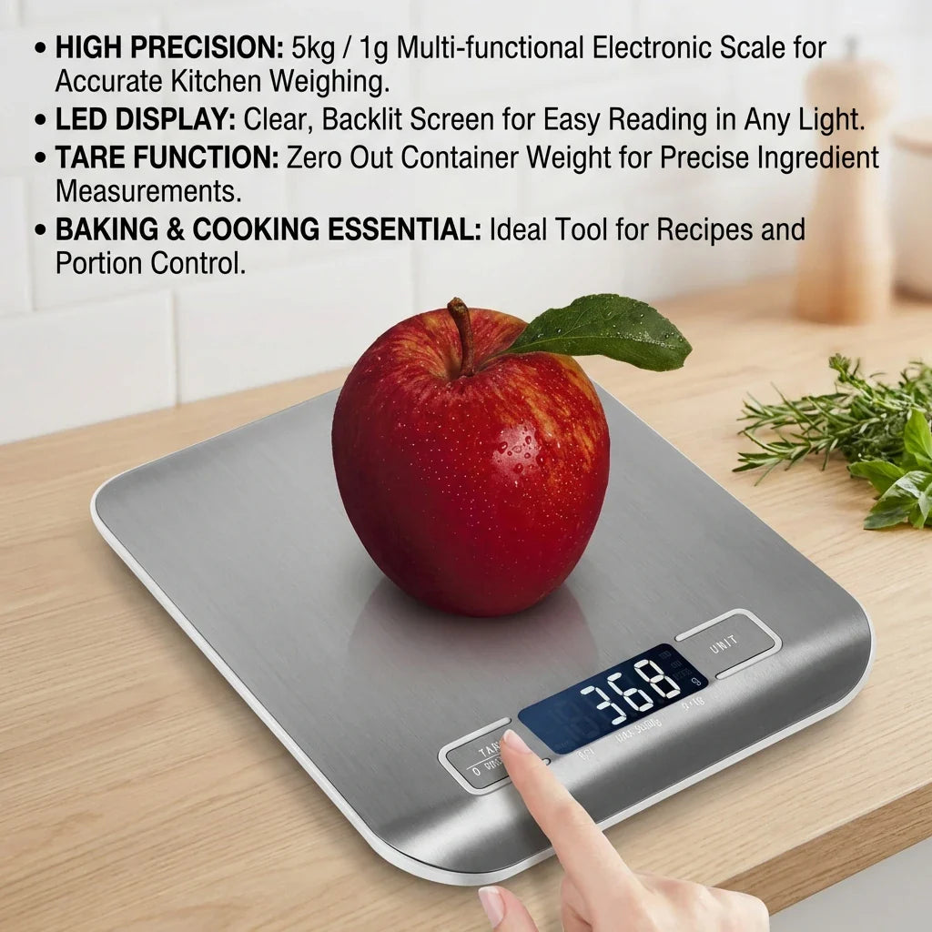 Digital Kitchen Scale — LED Display, 5kg/1g, Stainless Steel, 6 Units | Silver