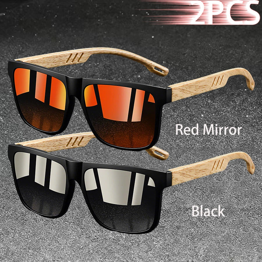 Retro Square Mirror Sunglasses – UV400 Unisex Wood Accent Shades