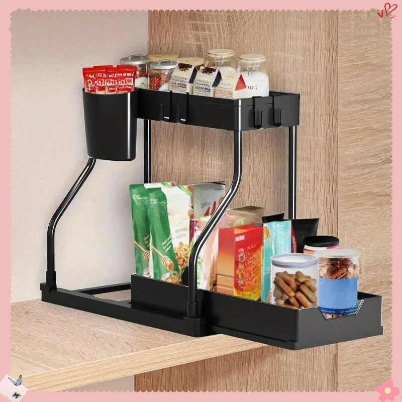 Kitchen storage rack - movable drawers, double-layer storage shelf, no drilling required, for home bathrooms