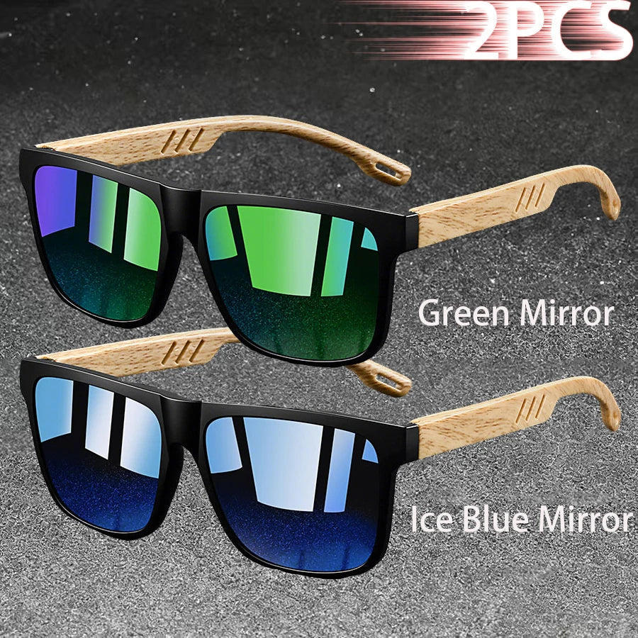 Retro Square Mirror Sunglasses – UV400 Unisex Wood Accent Shades