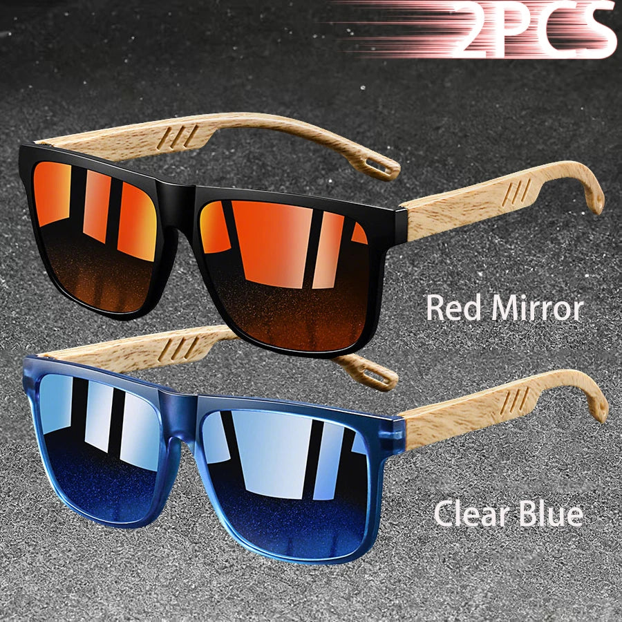 Retro Square Mirror Sunglasses – UV400 Unisex Wood Accent Shades