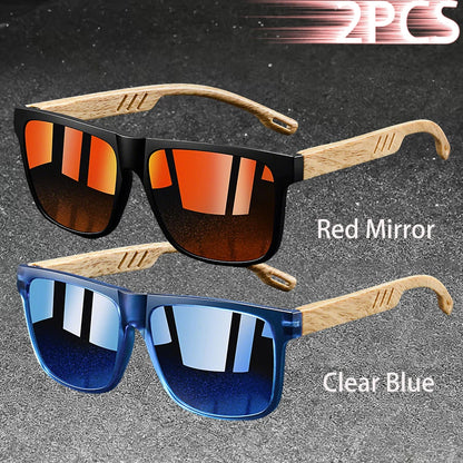 Retro Square Mirror Sunglasses – UV400 Unisex Wood Accent Shades