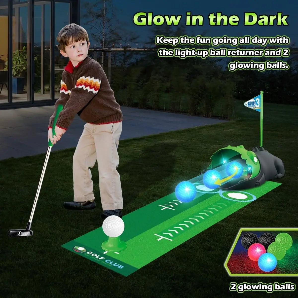 Kids Toy Golf Set Auto Returner, Night Light Mini Golf Game. Indoor, Outdoor Sports
