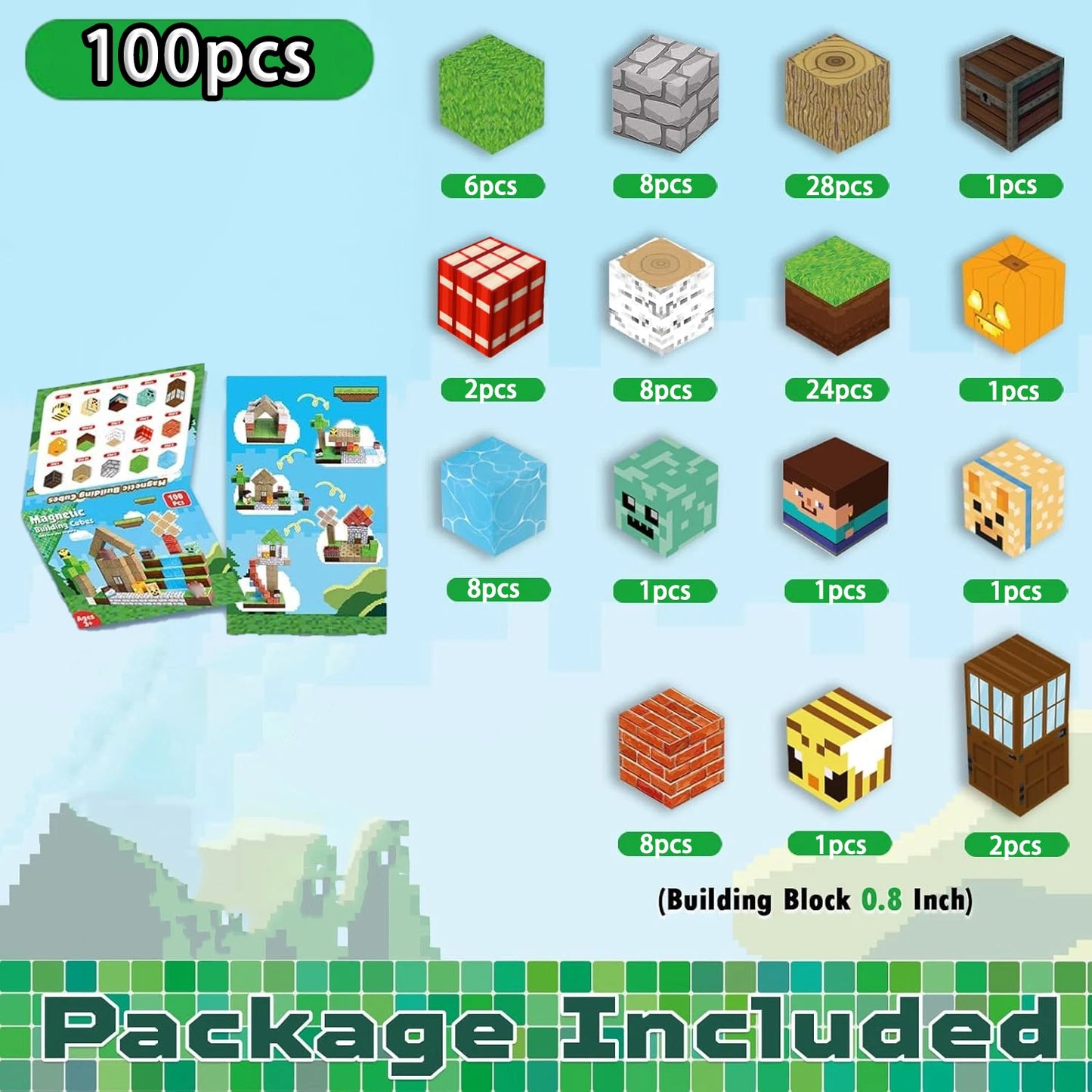 Magnetic Building Blocks Mine World Forest House Brick Cube STEM Toy Set for Kids