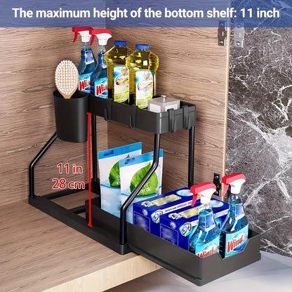 Kitchen storage rack - movable drawers, double-layer storage shelf, no drilling required, for home bathrooms