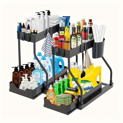 Kitchen storage rack - movable drawers, double-layer storage shelf, no drilling required, for home bathrooms